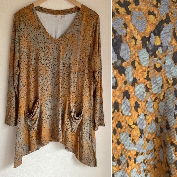LOGO Lori Goldstein Legacy Printed Jersey Knit Tunic Top Autumnal Pockets XL